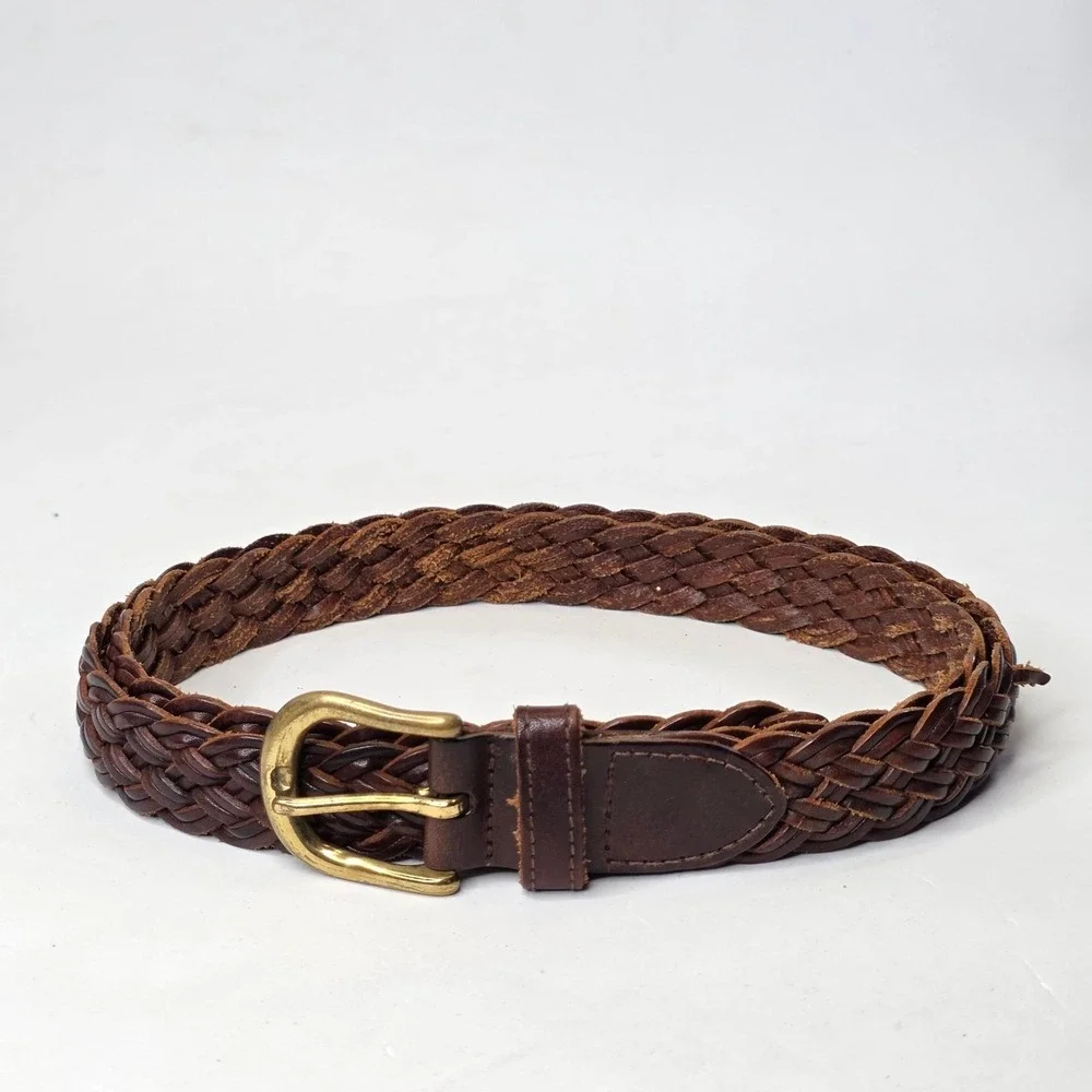 GreatLand Men's Braided Leather Belt Dark Brown Solid Brass Buckle 444-226 L
